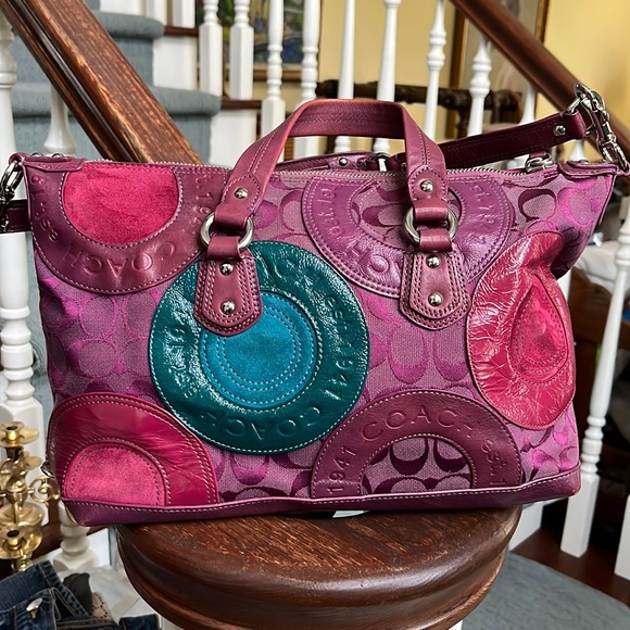 Coach Handbags - Coach  EUC  Vintage canvas  suede  leather circle patchwork shoulder/satchel Bag